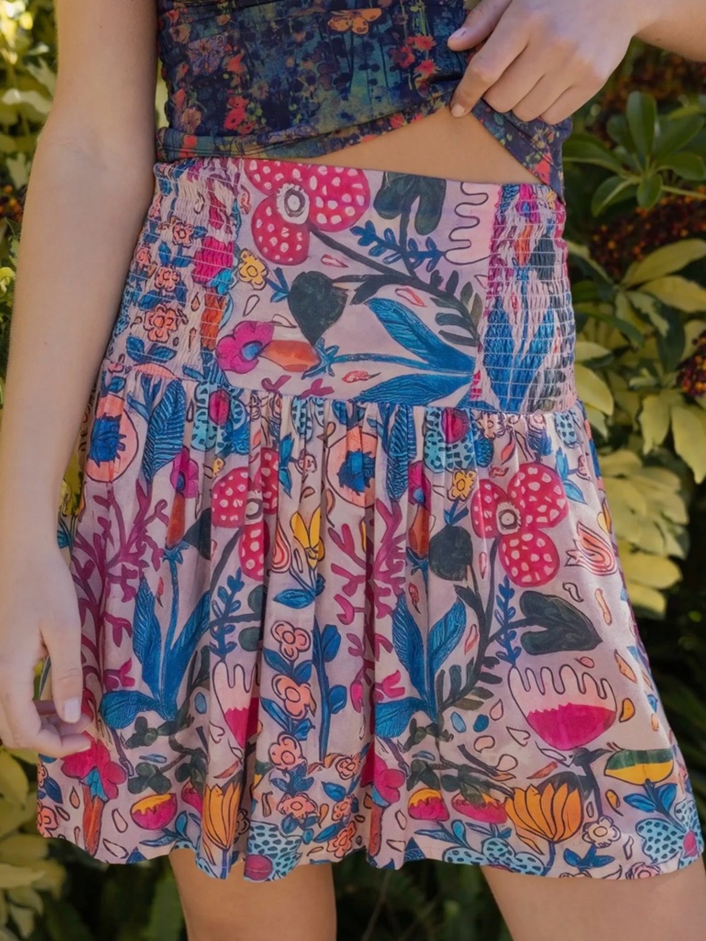 Natural Life Malia Mini Skirt XS Floral Smocked Waist Boho Rayon